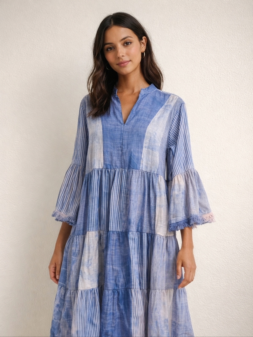 Blue Peasant Boho Midi Dress Tiered Bell Sleeves Faux Patchwork Print Sz EU 44